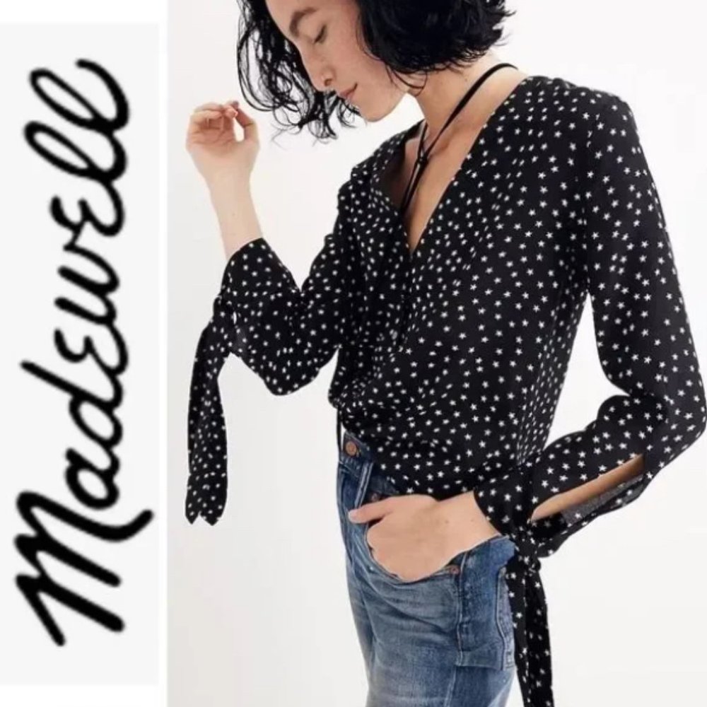 Madewell Silk Star Print Button-up Top with Tie Sleeves Women's S